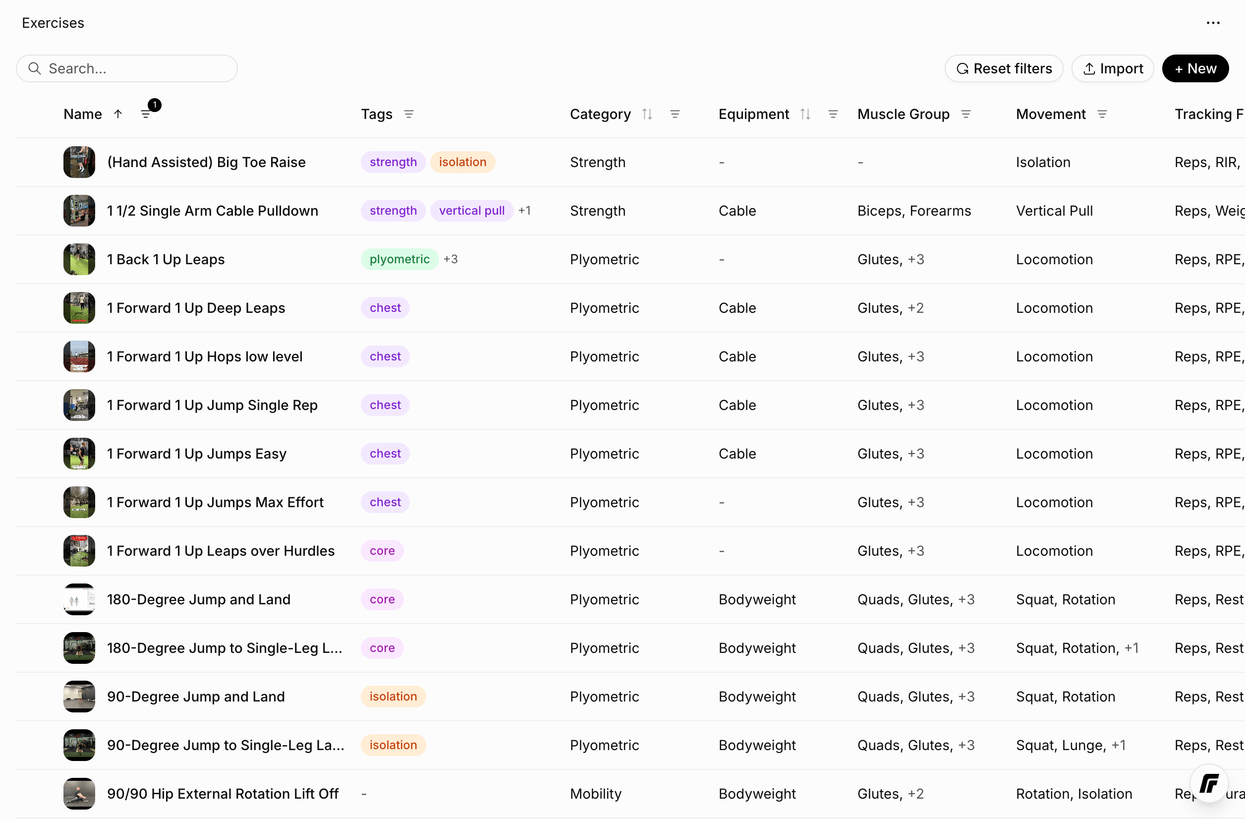 The exercise library, with a colour-coded tag on every row