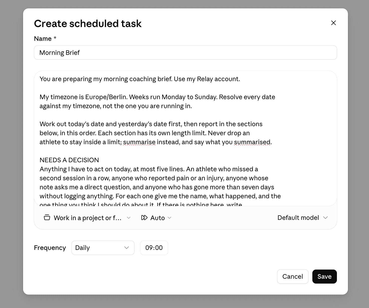The New task form with a prompt pasted into the Prompt field
