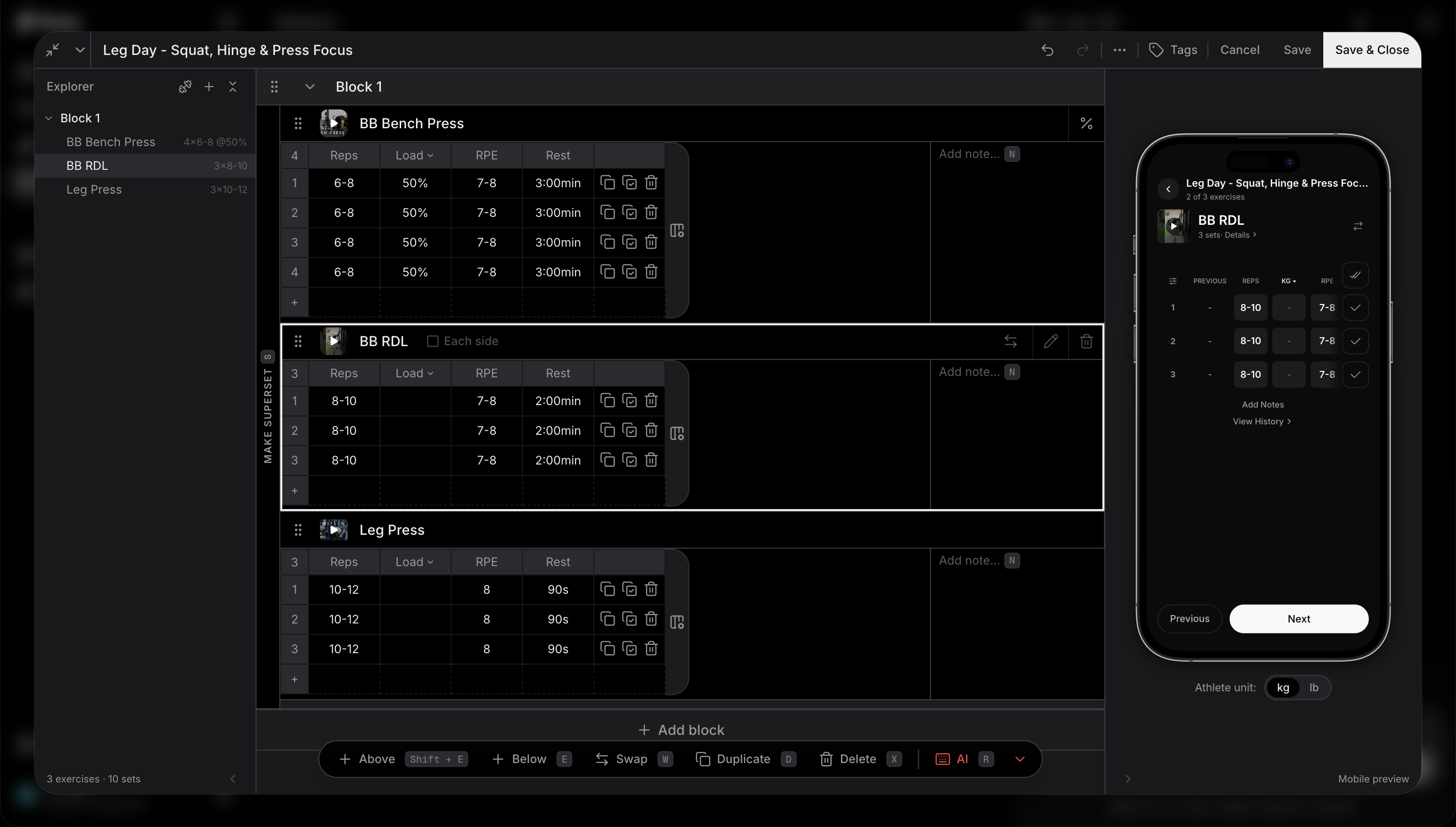 Workout editor screenshot
