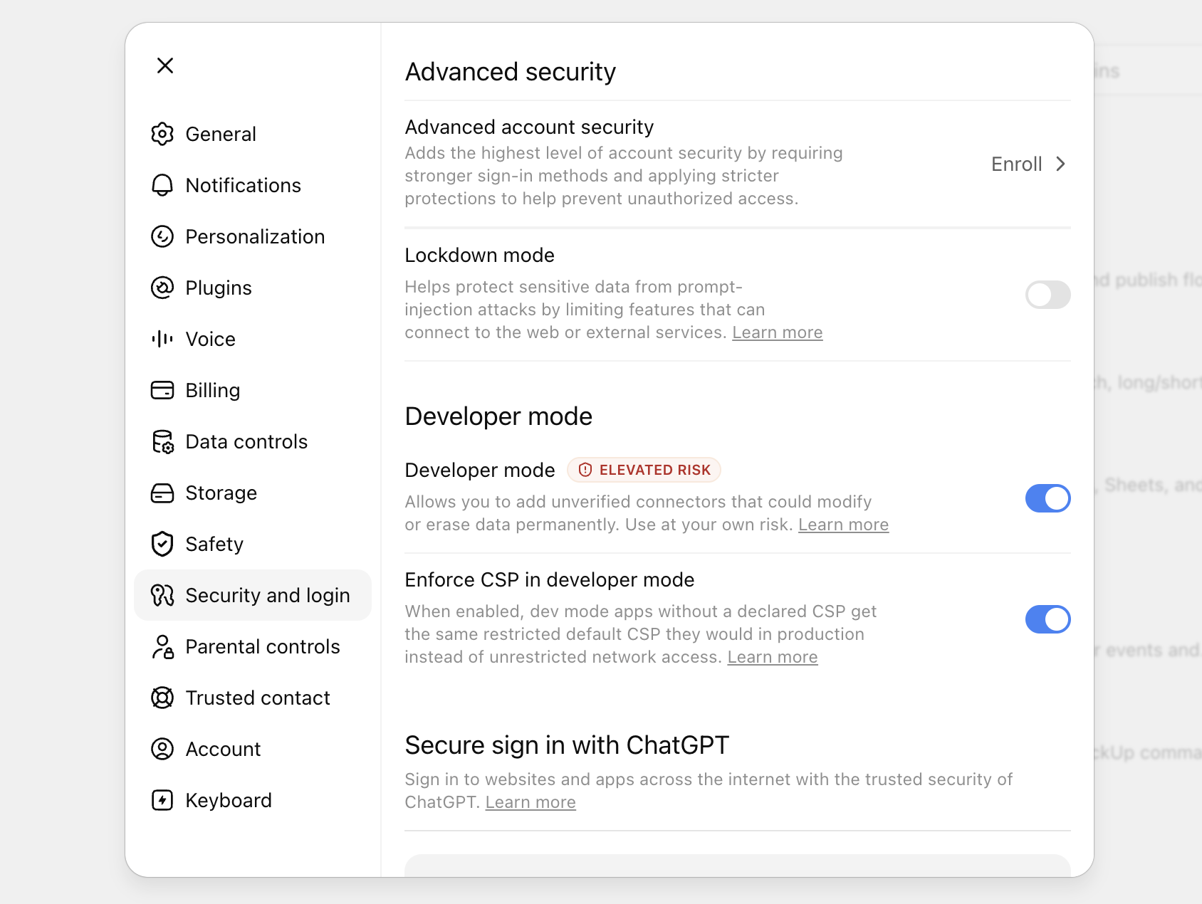 ChatGPT's Security and login settings with the Developer mode toggle switched on