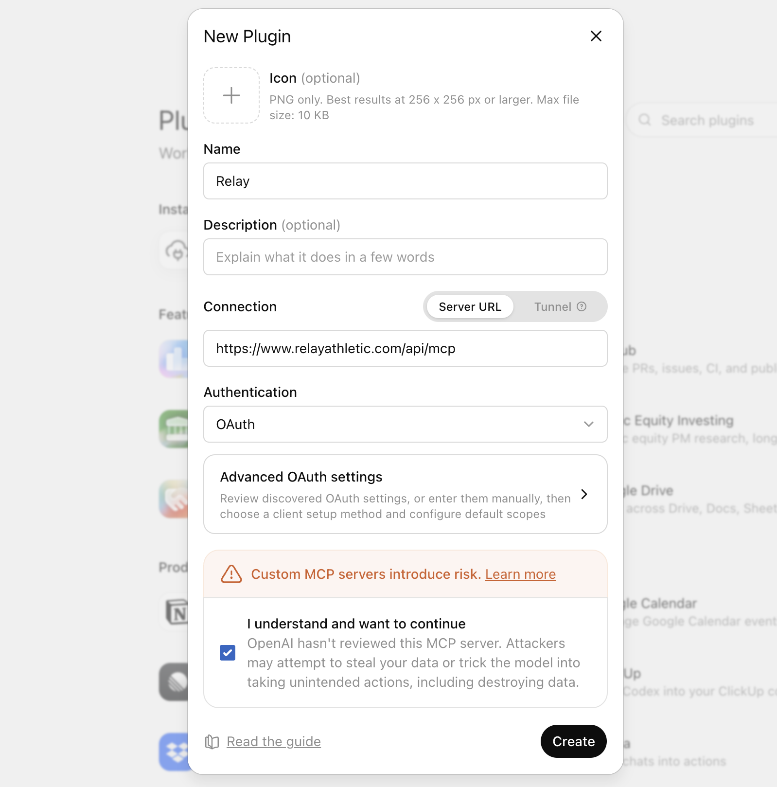 The New Plugin dialog with Relay as the name, the Relay MCP server URL, and authentication set to OAuth