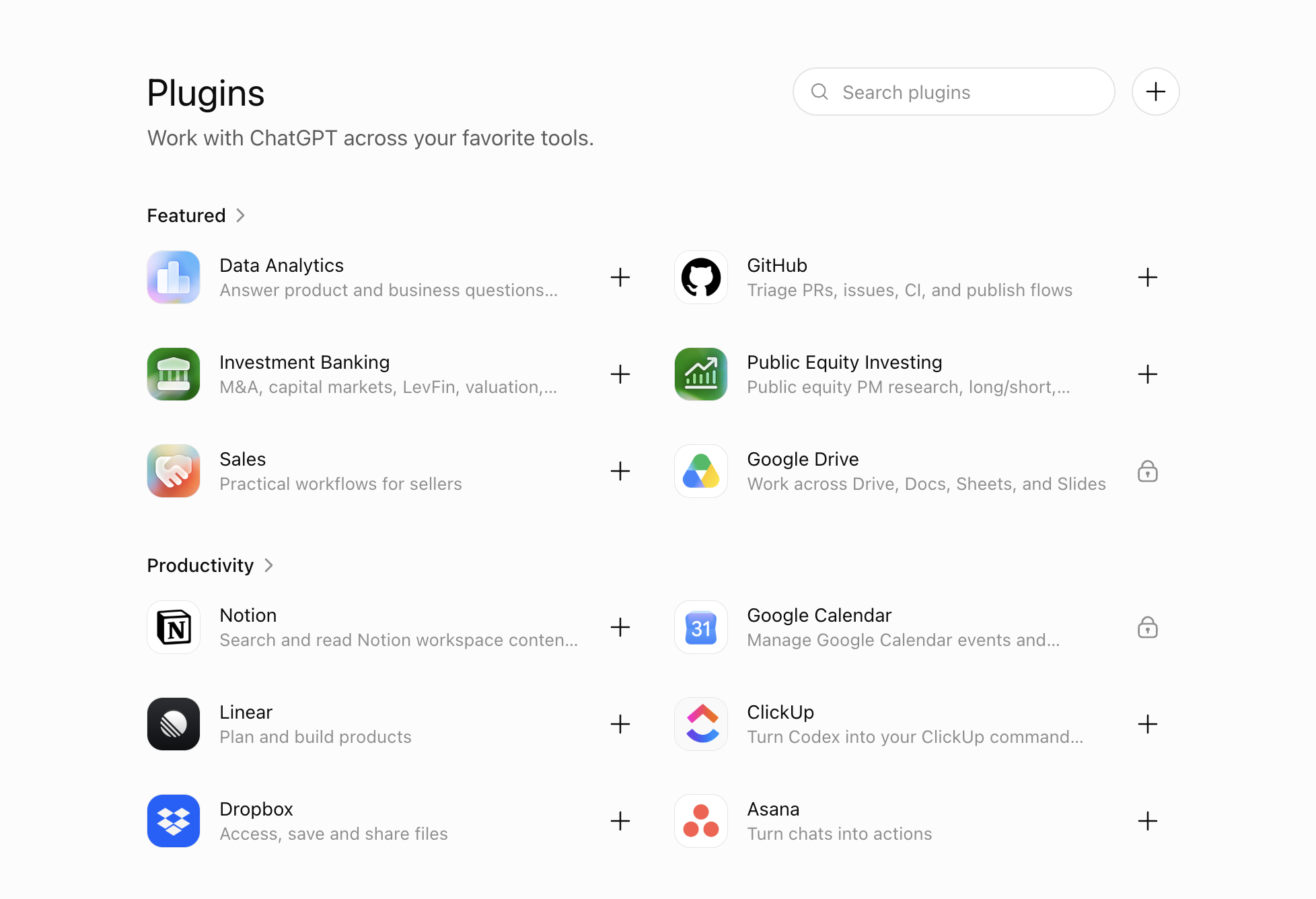 The ChatGPT Plugins directory with the plus button in the top right corner
