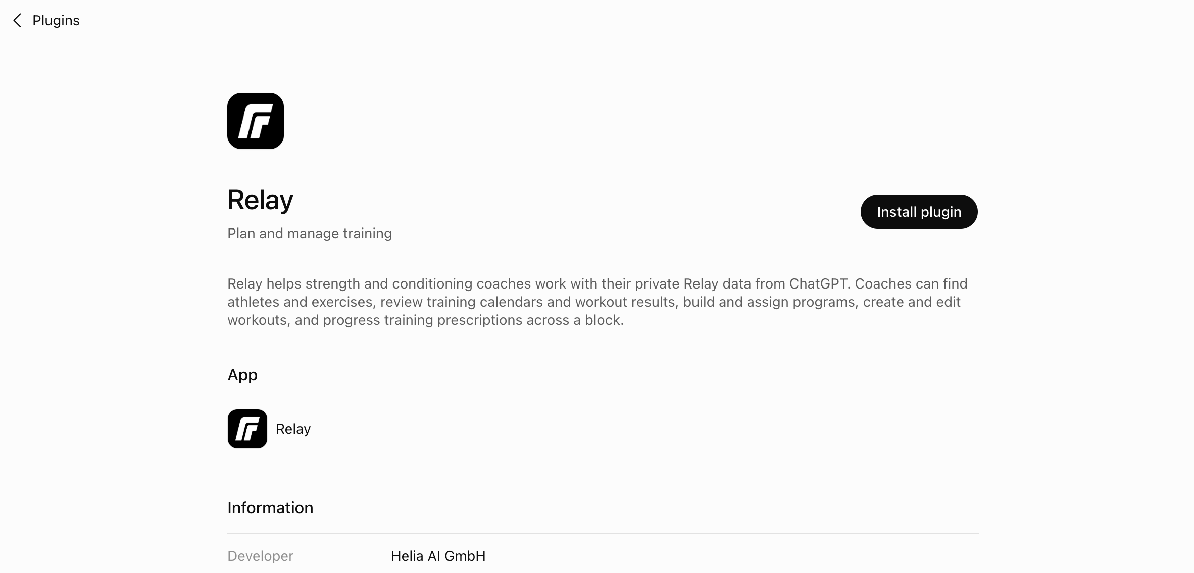 The Relay plugin page in ChatGPT with its description and the Install plugin button