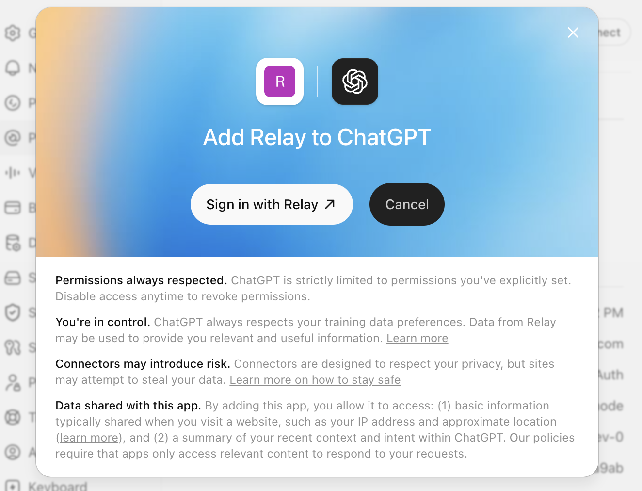 ChatGPT's Add Relay to ChatGPT dialog with a Sign in with Relay button