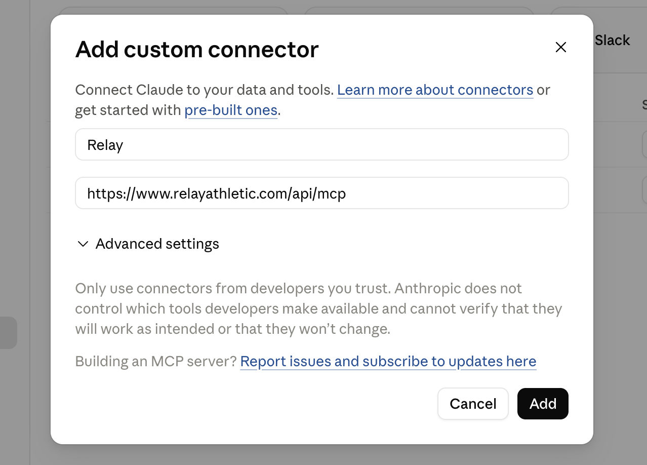 The Add custom connector dialog with Relay as the name and the Relay MCP address as the URL